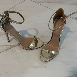 Aldo Shiny Silver Ankle Strap Heels
